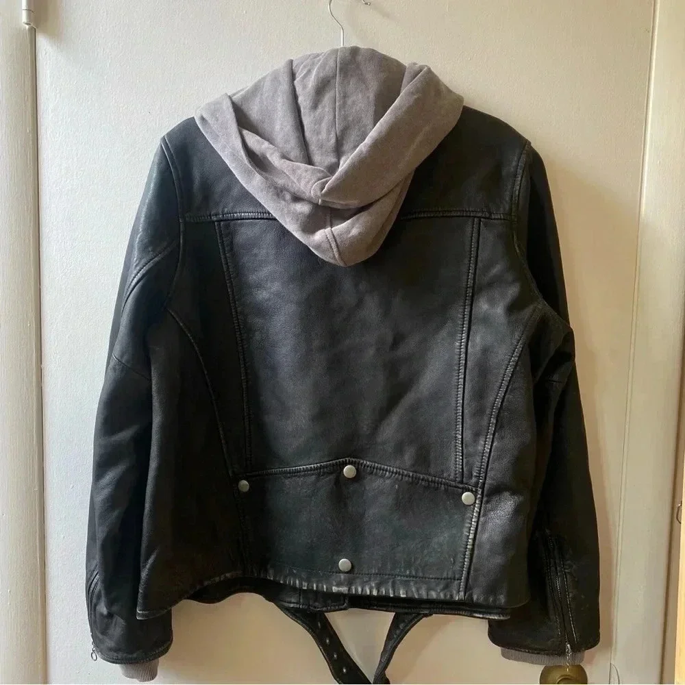 NWT Free People Leather Moto Jacket Hooded Black Gray We The Free